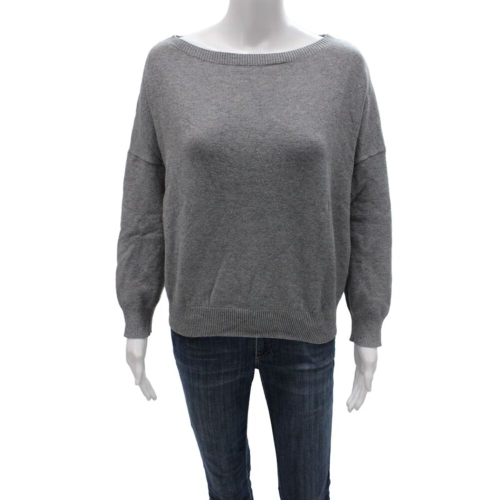 Designer Womens Pullover Sweater Gray Boat Neck Long Sleeve Polyester Size L